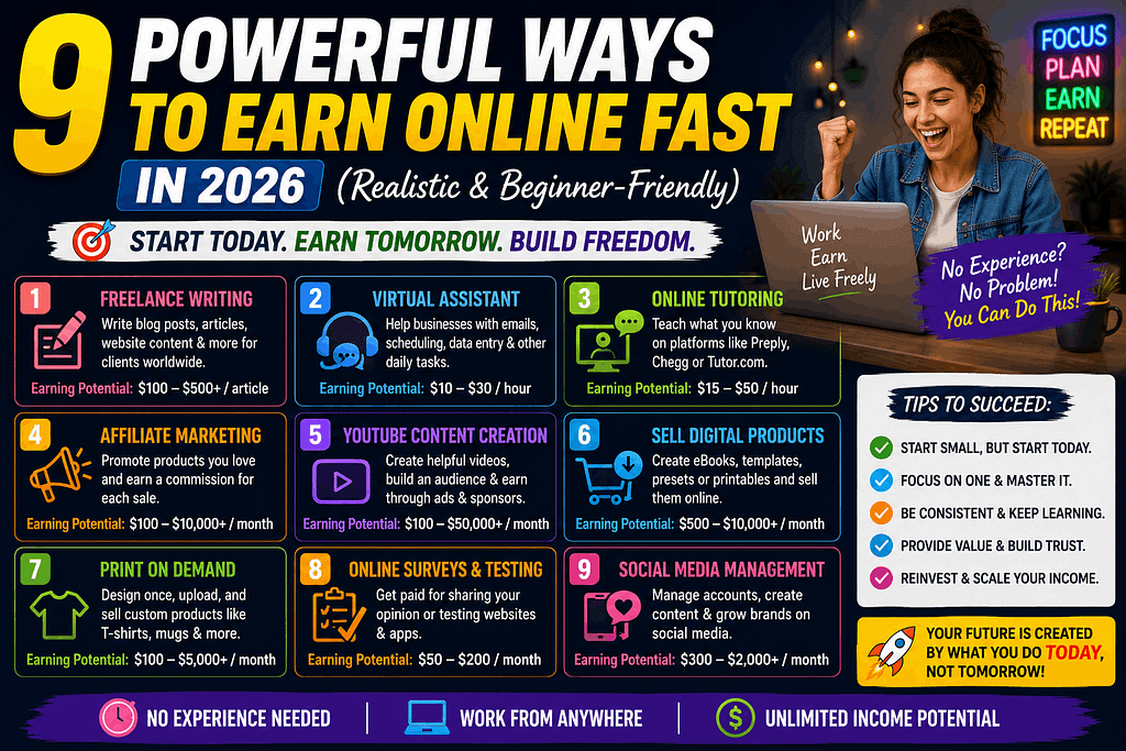 9 Powerful Ways to Earn Online Fast in 2026 (Realistic & Beginner-Friendly)